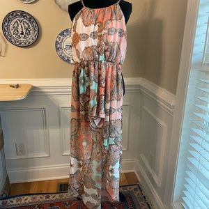 Girls high/low dress, Size M, peach, brown and turquoise